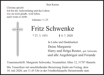 Traueranzeige von Fritz Schwenke von Deister- und Weserzeitung