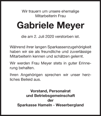 Traueranzeige von Gabriele Meyer von Deister- und Weserzeitung