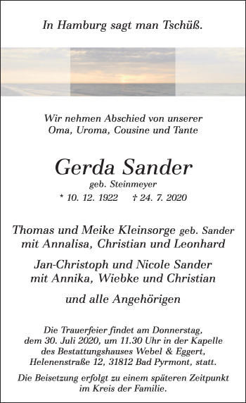 Traueranzeige von Gerda Sander von Deister- und Weserzeitung