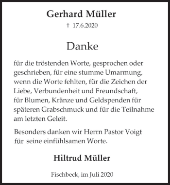 Traueranzeige von Gerhard Müller von Deister- und Weserzeitung