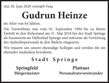 Traueranzeige von Gudrun Heinze von Neue Deister-Zeitung