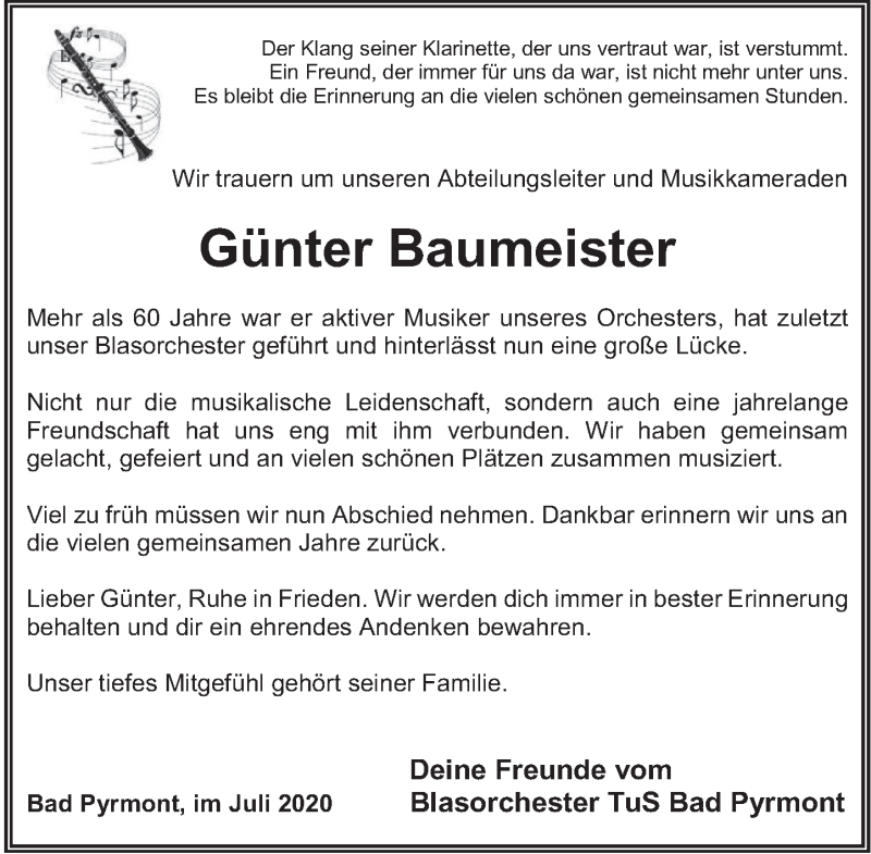  Traueranzeige für Günter Baumeister vom 11.07.2020 aus Deister- und Weserzeitung
