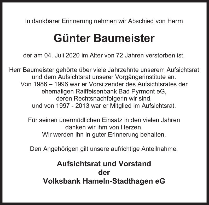  Traueranzeige für Günter Baumeister vom 11.07.2020 aus Deister- und Weserzeitung