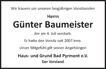 Traueranzeige von Günter Baumeister von Deister- und Weserzeitung