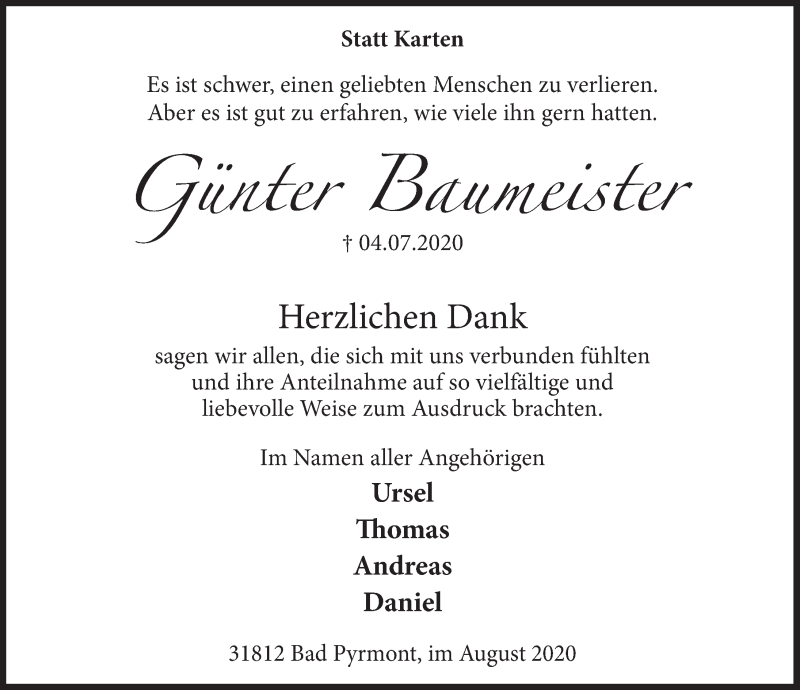  Traueranzeige für Günter Baumeister vom 01.08.2020 aus Deister- und Weserzeitung