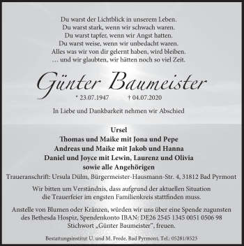 Traueranzeige von Günter Baumeister von Deister- und Weserzeitung