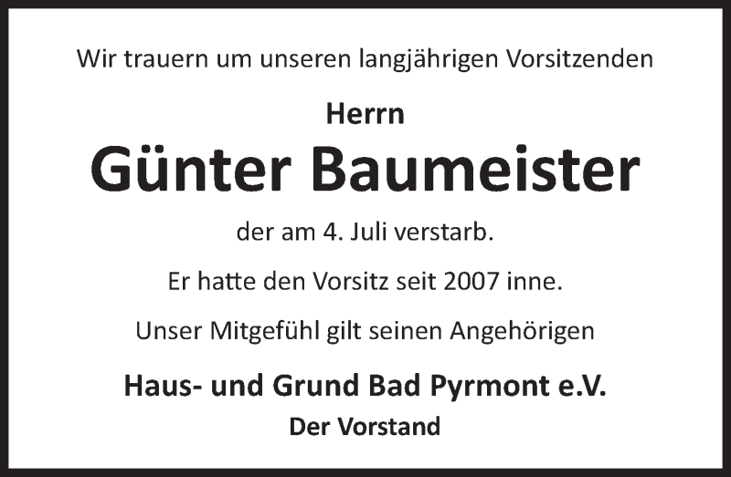  Traueranzeige für Günter Baumeister vom 15.07.2020 aus Deister- und Weserzeitung