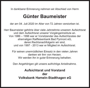 Traueranzeige von Günter Baumeister von Deister- und Weserzeitung