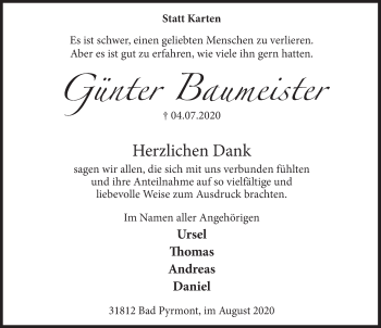 Traueranzeige von Günter Baumeister von Deister- und Weserzeitung