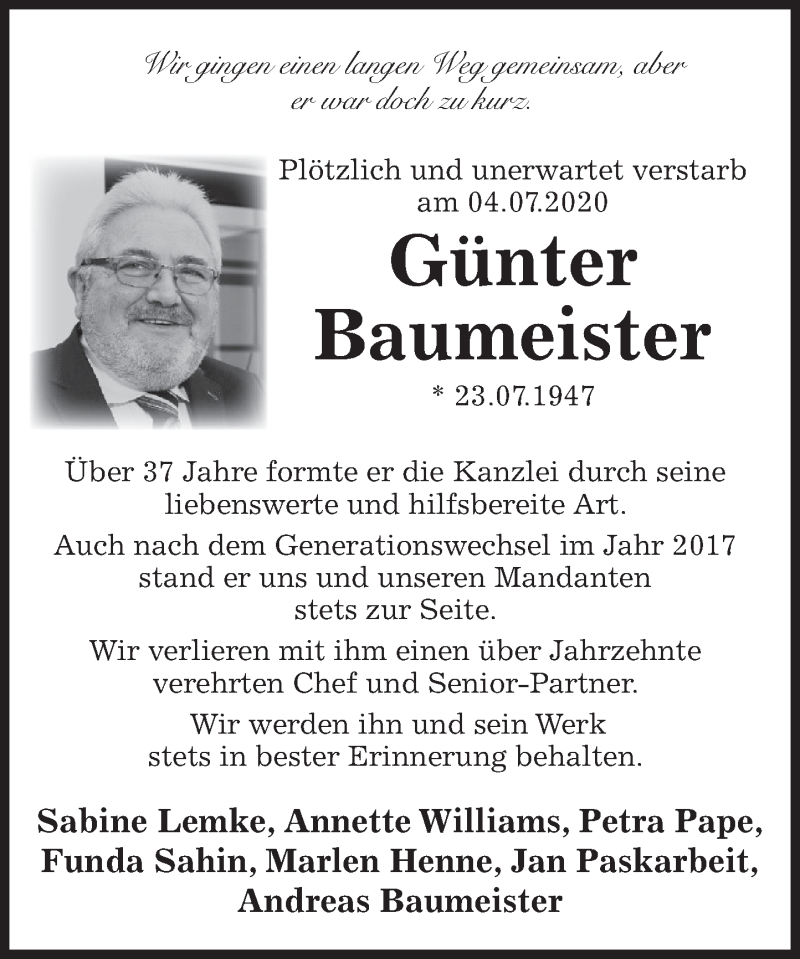  Traueranzeige für Günter Baumeister vom 11.07.2020 aus Deister- und Weserzeitung