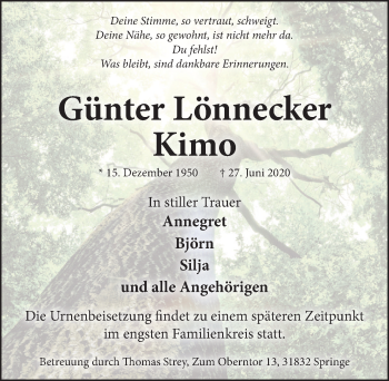 Traueranzeige von Günter Lönnecker von Neue Deister-Zeitung