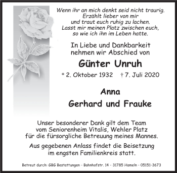 Traueranzeige von Günter Unruh von Deister- und Weserzeitung
