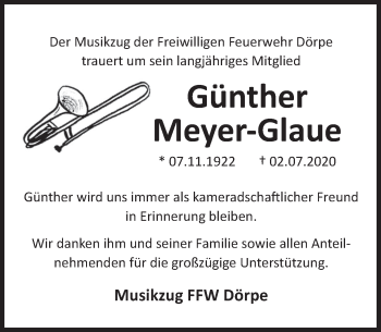 Traueranzeige von Günther Meyer-Glaue von Deister- und Weserzeitung