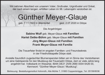 Traueranzeige von Günther Meyer-Glaue von Deister- und Weserzeitung