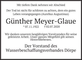 Traueranzeige von Günther Meyer-Glaue von Deister- und Weserzeitung
