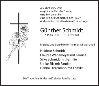 Traueranzeige von Günther Schmidt von Deister- und Weserzeitung