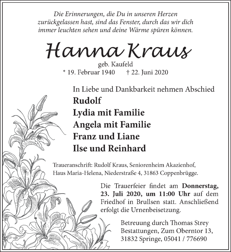  Traueranzeige für Hanna Kraus vom 18.07.2020 aus Neue Deister-Zeitung