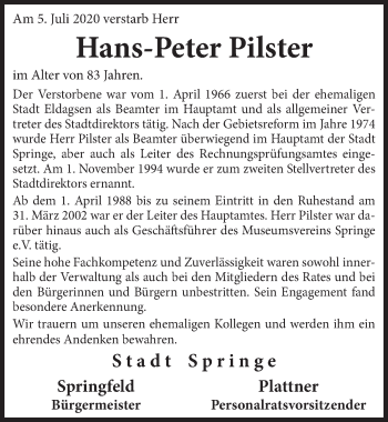 Traueranzeige von Hans-Peter Pilster von Neue Deister-Zeitung