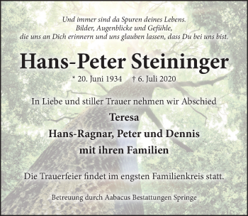 Traueranzeige von Hans-Peter Steininger von Neue Deister-Zeitung