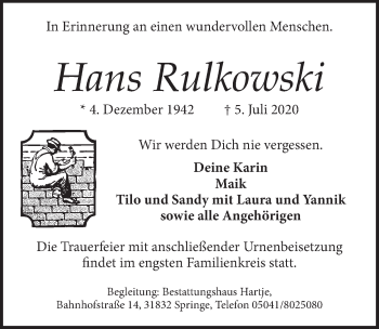 Traueranzeige von Hans Rulkowski von Neue Deister-Zeitung