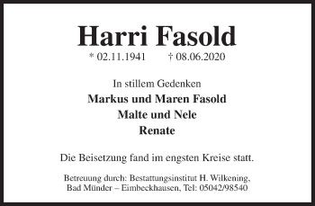 Traueranzeige von Harri Fasold von Deister- und Weserzeitung