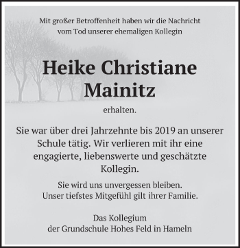Traueranzeige von Heike Christiane Mainitz von Deister- und Weserzeitung