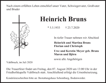 Traueranzeige von Heinrich Bruns von Deister- und Weserzeitung