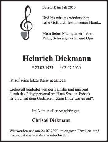 Traueranzeige von Heinrich Diekmann von Deister- und Weserzeitung