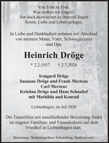 Traueranzeige von Heinrich Dröge von Deister- und Weserzeitung
