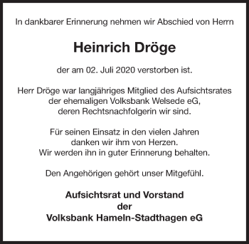 Traueranzeige von Heinrich Dröge von Deister- und Weserzeitung