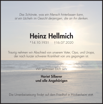 Traueranzeige von Heinz Hellmich von Deister- und Weserzeitung