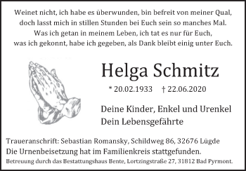 Traueranzeige von Helga Schmitz von Deister- und Weserzeitung
