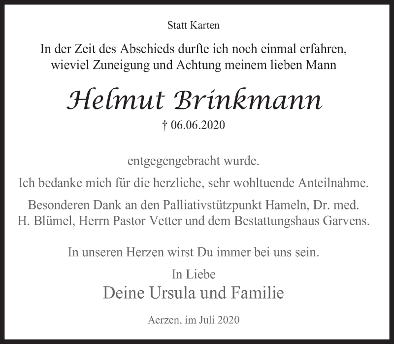  Traueranzeige für Helmut Brinkmann vom 04.07.2020 aus Deister- und Weserzeitung