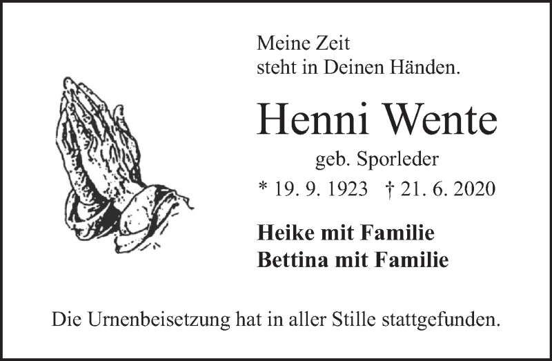  Traueranzeige für Henni Wente vom 25.07.2020 aus Deister- und Weserzeitung
