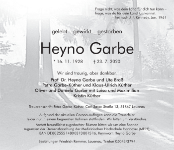 Traueranzeige von Heyno Garbe von Neue Deister-Zeitung