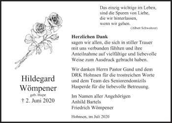 Traueranzeige von Hildegard Wömpener von Deister- und Weserzeitung