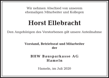 Traueranzeige von Horst Ellebracht von Deister- und Weserzeitung