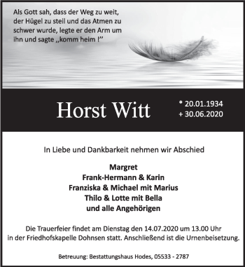 Traueranzeige von Horst Witt von Deister- und Weserzeitung