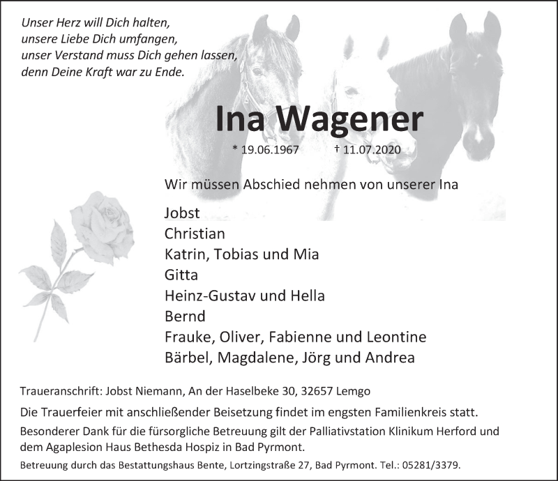  Traueranzeige für Ina Wagener vom 14.07.2020 aus Deister- und Weserzeitung