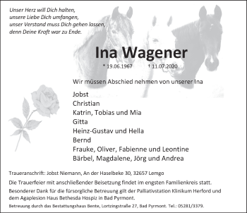 Traueranzeige von Ina Wagener von Deister- und Weserzeitung