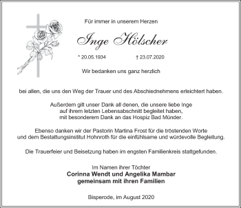 Traueranzeige von Inge Hölscher von Deister- und Weserzeitung