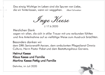 Traueranzeige von Inge Keese von Deister- und Weserzeitung