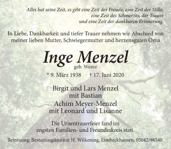 Traueranzeige von Inge Menzel von Neue Deister-Zeitung