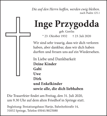 Traueranzeige von Inge Przygodda von Neue Deister-Zeitung