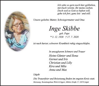Traueranzeige von Inge Skibbe von Deister- und Weserzeitung