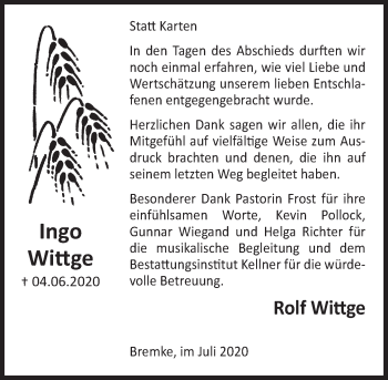 Traueranzeige von Ingo Wittge von Deister- und Weserzeitung