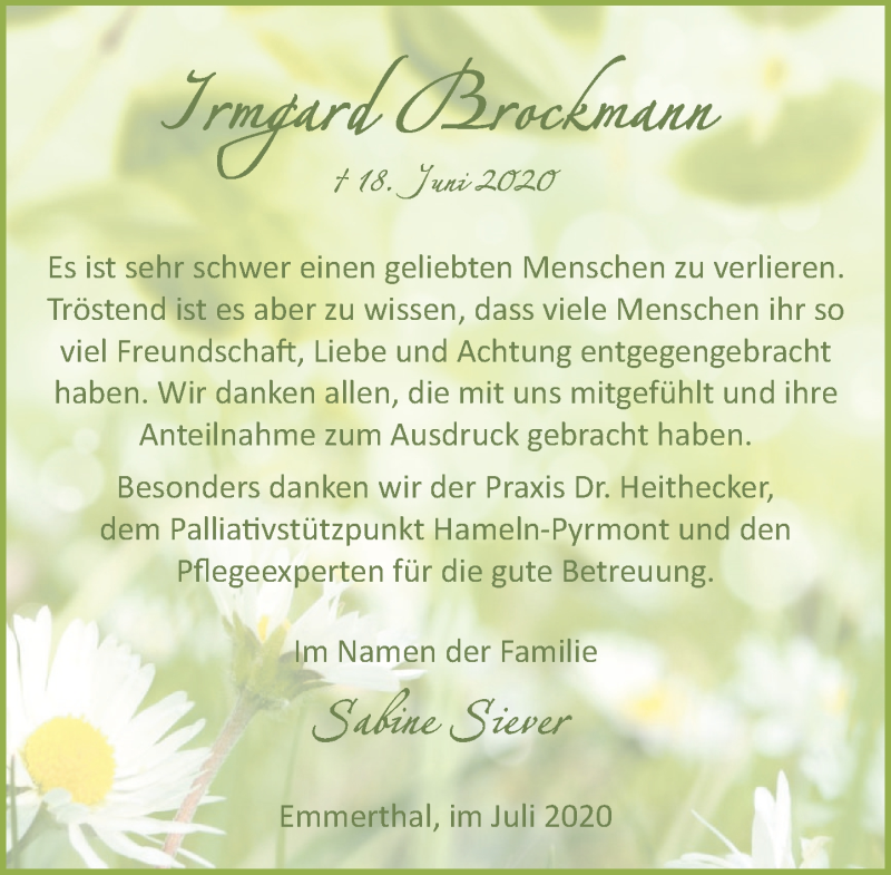  Traueranzeige für Irmgard Brockmann vom 25.07.2020 aus Deister- und Weserzeitung