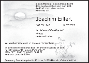 Traueranzeige von Joachim Eiffert von Deister- und Weserzeitung