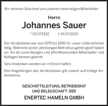 Traueranzeige von Johannes Sauer von Deister- und Weserzeitung