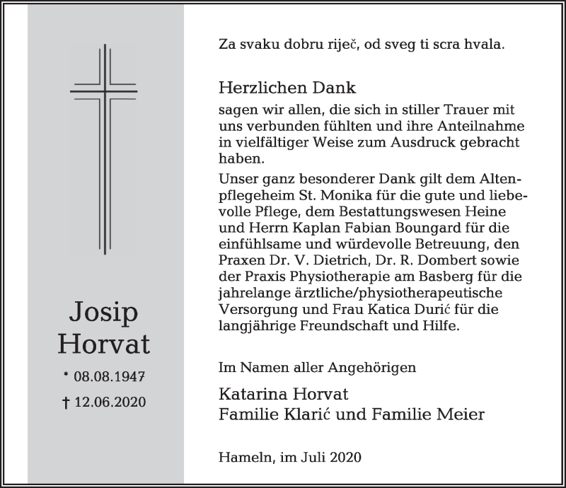  Traueranzeige für Josip Horvat vom 04.07.2020 aus Deister- und Weserzeitung